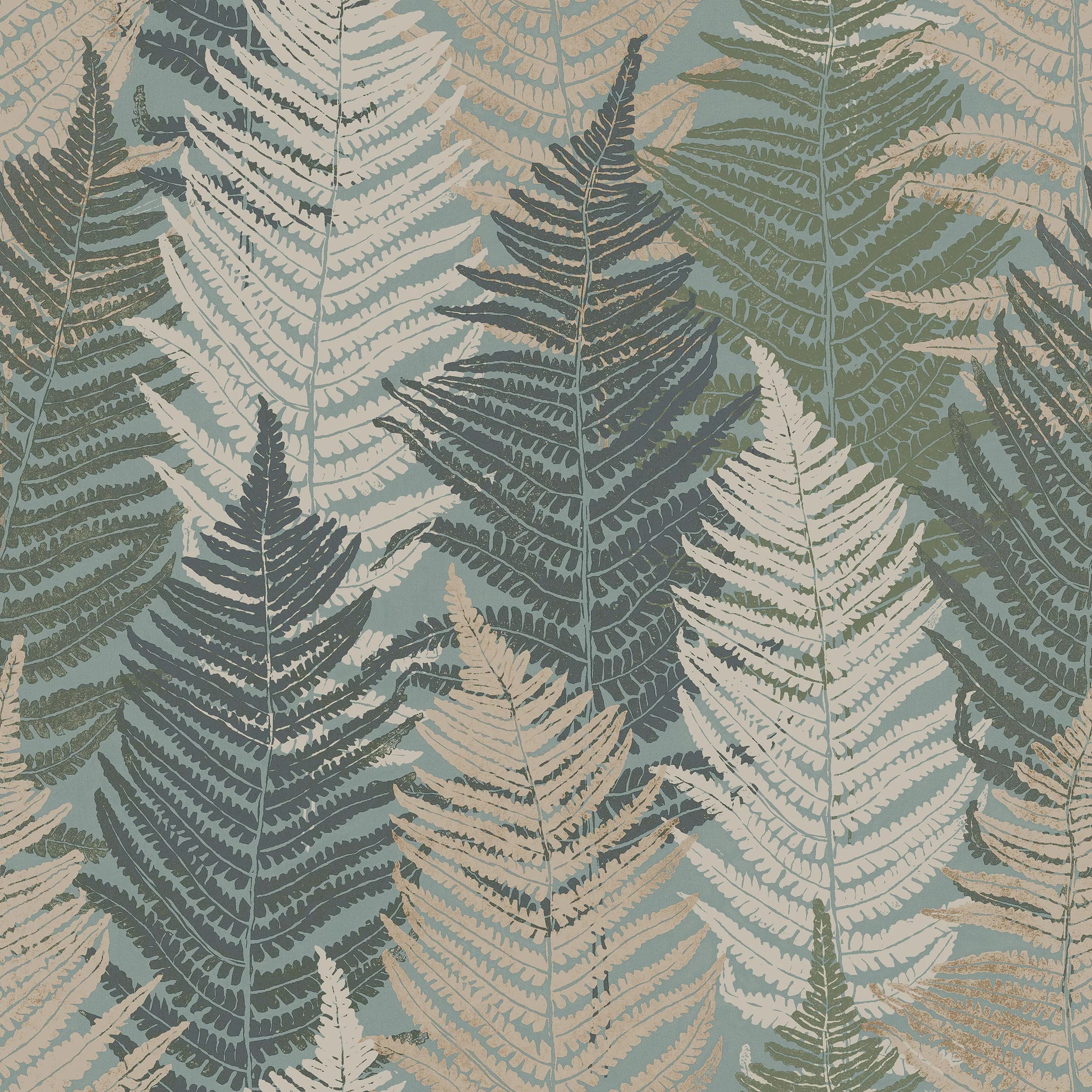 Detail van behang met varens in groen en zand